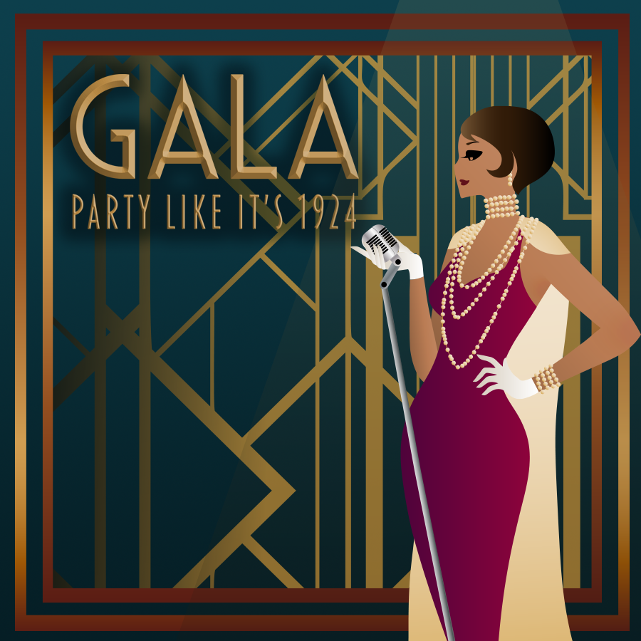 The Spring 2024 Gala logo featuring a 1920s singer and text